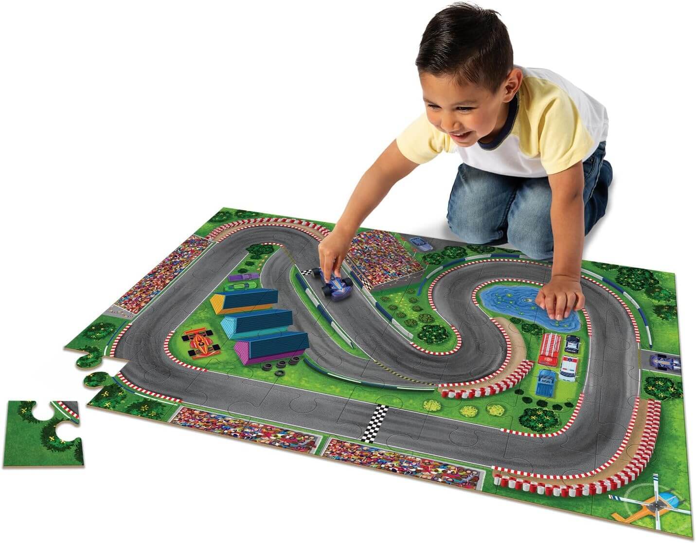 Puzzle & Play: Race Day - Floor Jigsaw Puzzle - Includes 3 Wooden Vehicles