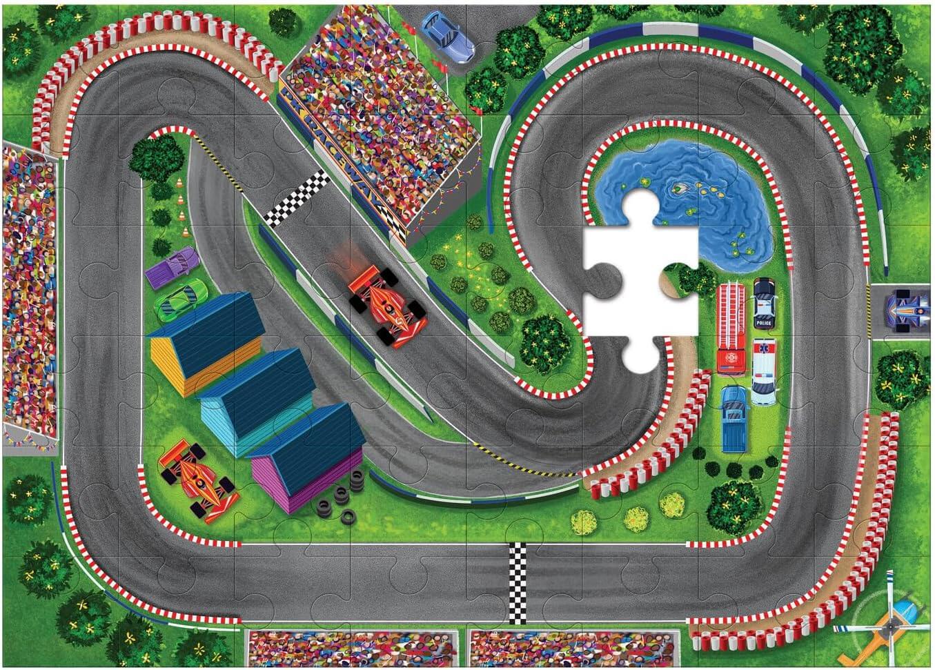 Puzzle & Play: Race Day - Floor Jigsaw Puzzle - Includes 3 Wooden Vehicles