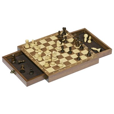 Squared magnetic chess set in natural wood - with drawer